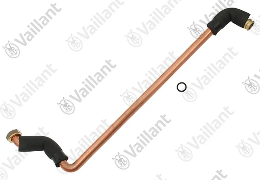 Kupferrohr mit zwei gebogenen Enden und Schutzhüllen, verbunden durch eine gerade Leitung. Zubehörteil von Vaillant für Heizungs- oder Sanitäranlagen.